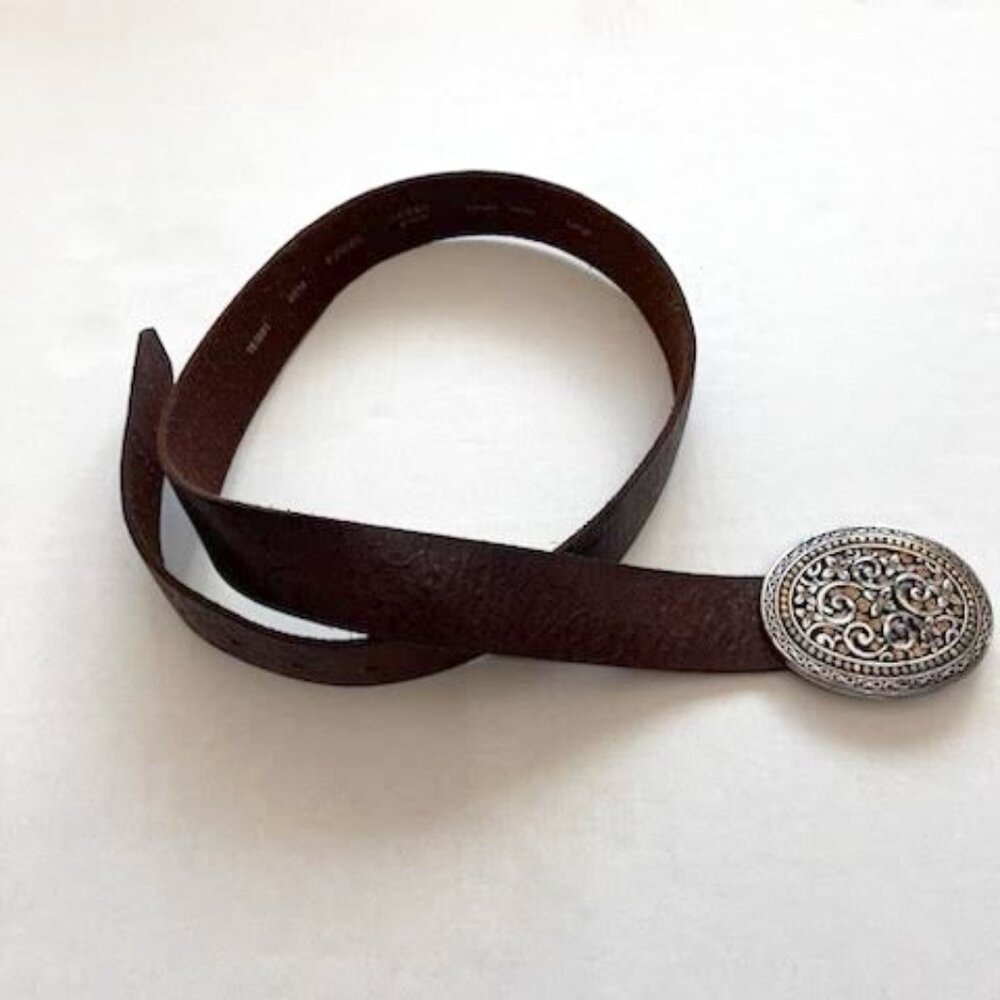 VTG Fossil Leather Statement Belt Embossed Silver/Gold Rhinestone Buckle Size L